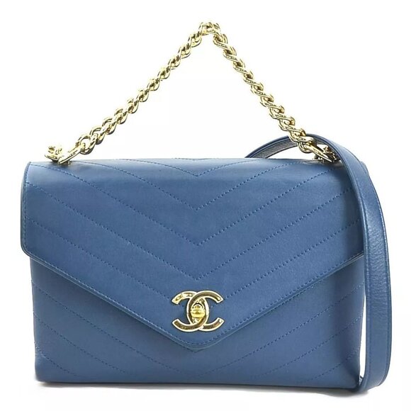 Auth CHANEL V Stitch Chain Handbag Shoulder Bag Blue/Gold Leather/Metal - Picture 1 of 14